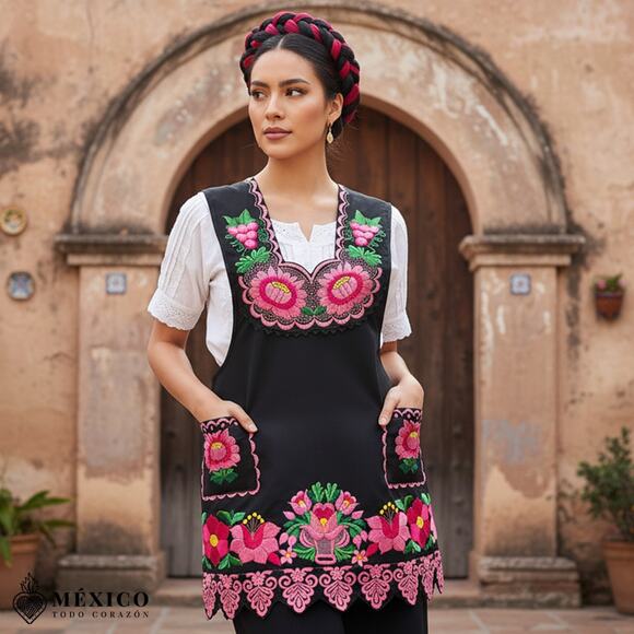 Black Mexican Embroidered Apron – Premium Cotton Blend Apron with Pink Floral - Picture 3 of 9